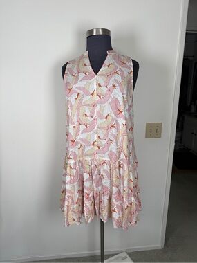 Nine West Pink and Cream Leaf-Print Sleeveless Drop-Waist Dress